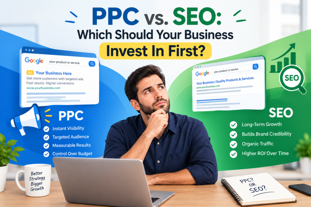 PPC vs SEO explained for businesses. Compare costs, results, benefits, and timelines to decide which digital marketing strategy to invest in first.